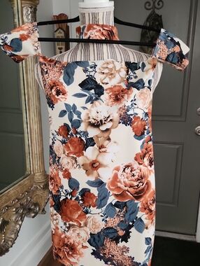 Blue Blush Off-Shoulder Floral Mini Dress in Cream, Rust, Navy